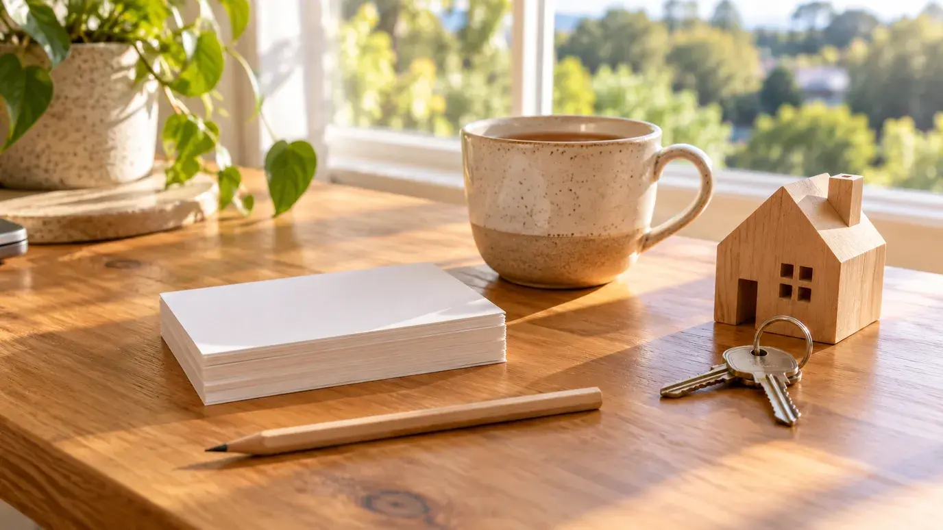 A home office desk with blank index cards, a pencil, a cup of tea, a small wooden house model and a set of keys