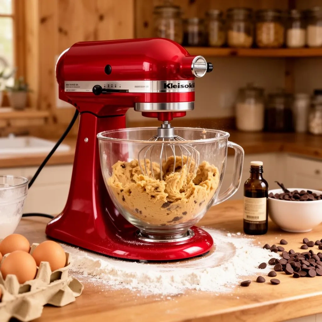 A red stand mixer beating chocolate chip biscuit dough in a glass bowl on a wooden kitchen bench, with eggs, spilled flour, chocolate chips, a bottle of vanilla and pantry jars on a shelf behind