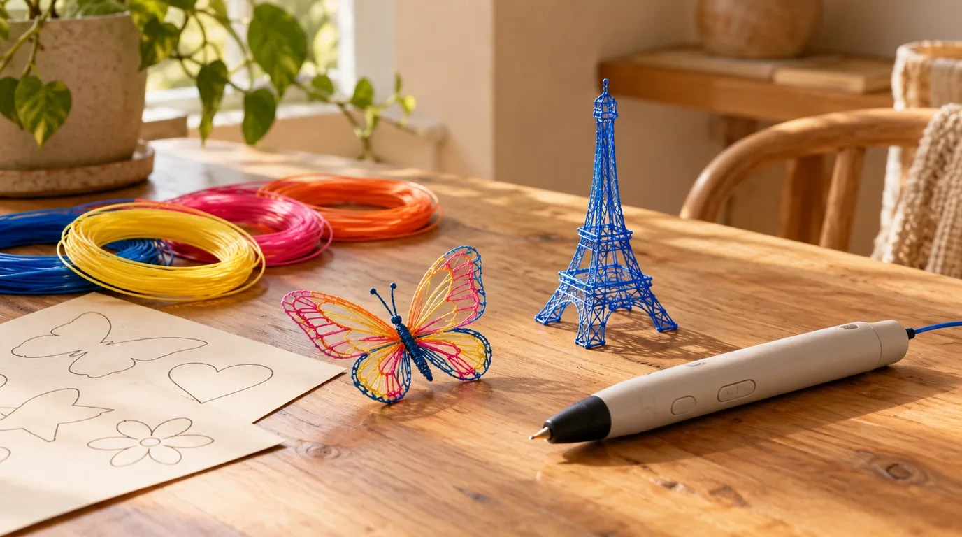 A slim 3D printing pen on a craft table beside a small colourful 3D drawn butterfly and a wire style Eiffel tower shape made from filament, with coils of bright filament and a paper stencil sheet of outline shapes