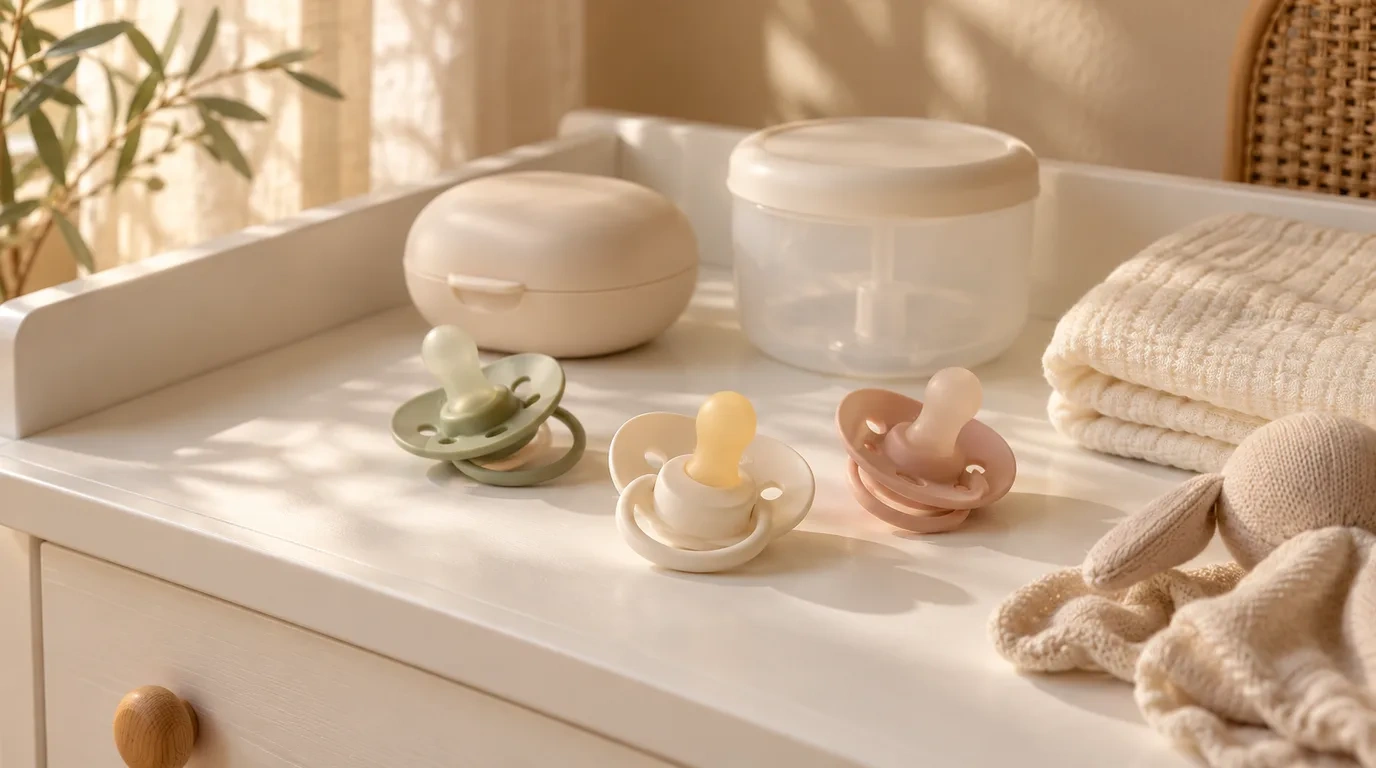 Three baby dummies in sage green, cream and blush pink on a white nursery change table, beside a dummy case, a sterilising container, a folded muslin wrap and a knitted soft toy
