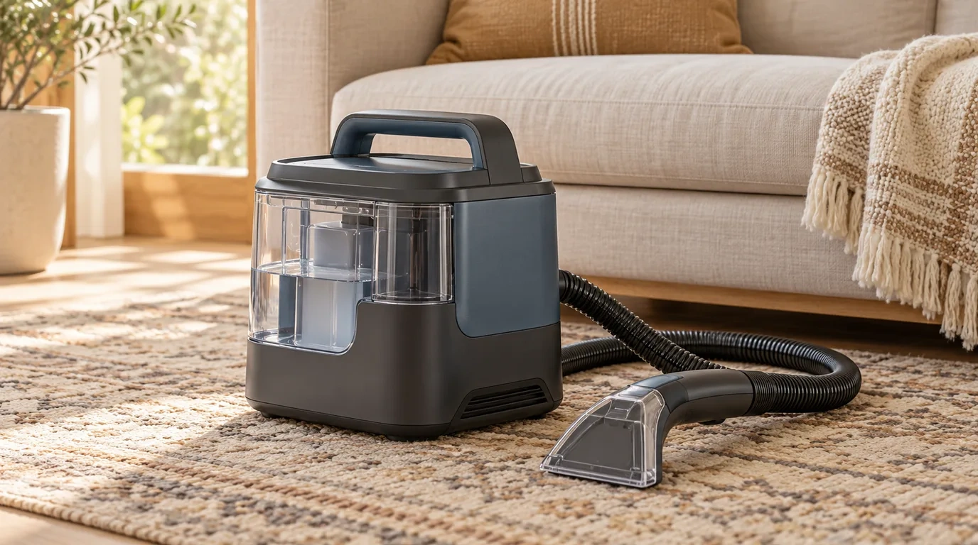 A portable charcoal and slate blue carpet spot cleaner with clear water tanks, a coiled black hose and a clear hand tool, sitting on a patterned woven rug in front of a cream sofa with a fringed throw and a potted plant by the window