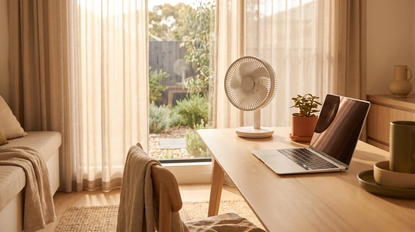 A white round desk fan on a timber desk beside an open laptop and a potted succulent, in front of sheer curtains and a glass door to a leafy backyard