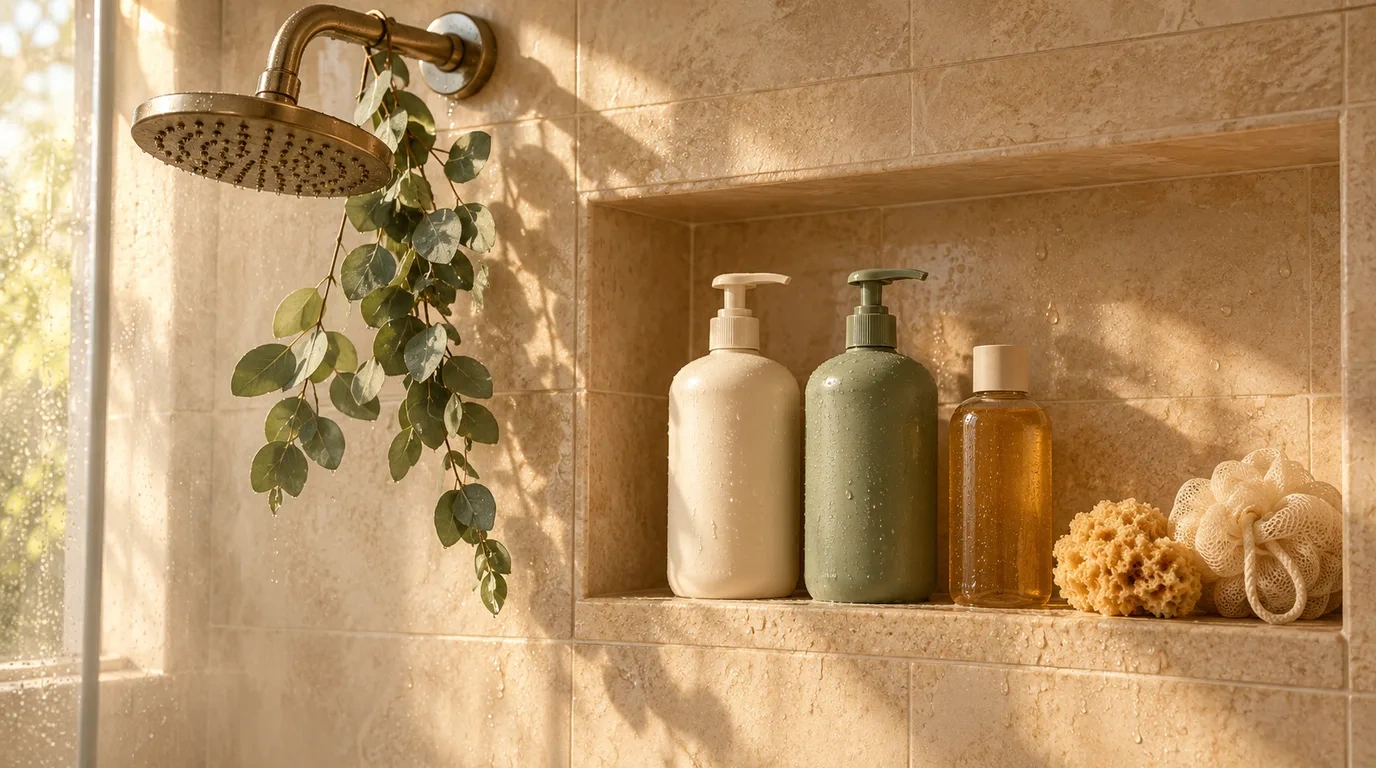 Two pump bottles, one cream and one sage green, and a small amber bottle in a tiled shower niche beside a natural sponge and a mesh pouf, with a eucalyptus sprig hanging from a brass shower head in warm light