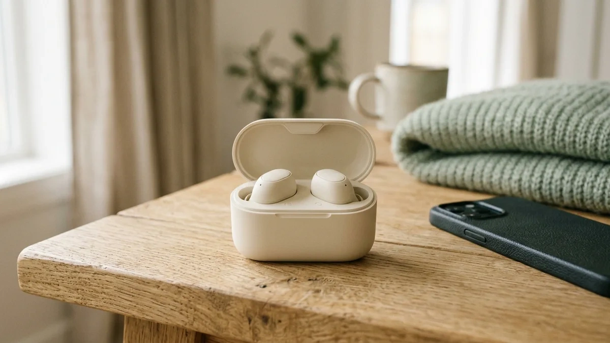 A pair of cream wireless earbuds in an open charging case on a timber table beside a folded green knit blanket, a ceramic mug and a dark phone