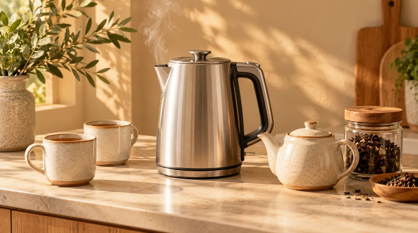 A brushed stainless steel jug kettle with a wisp of steam on a stone kitchen bench, beside two speckled ceramic mugs of tea, a cream teapot and a glass jar of loose leaf tea in warm window light
