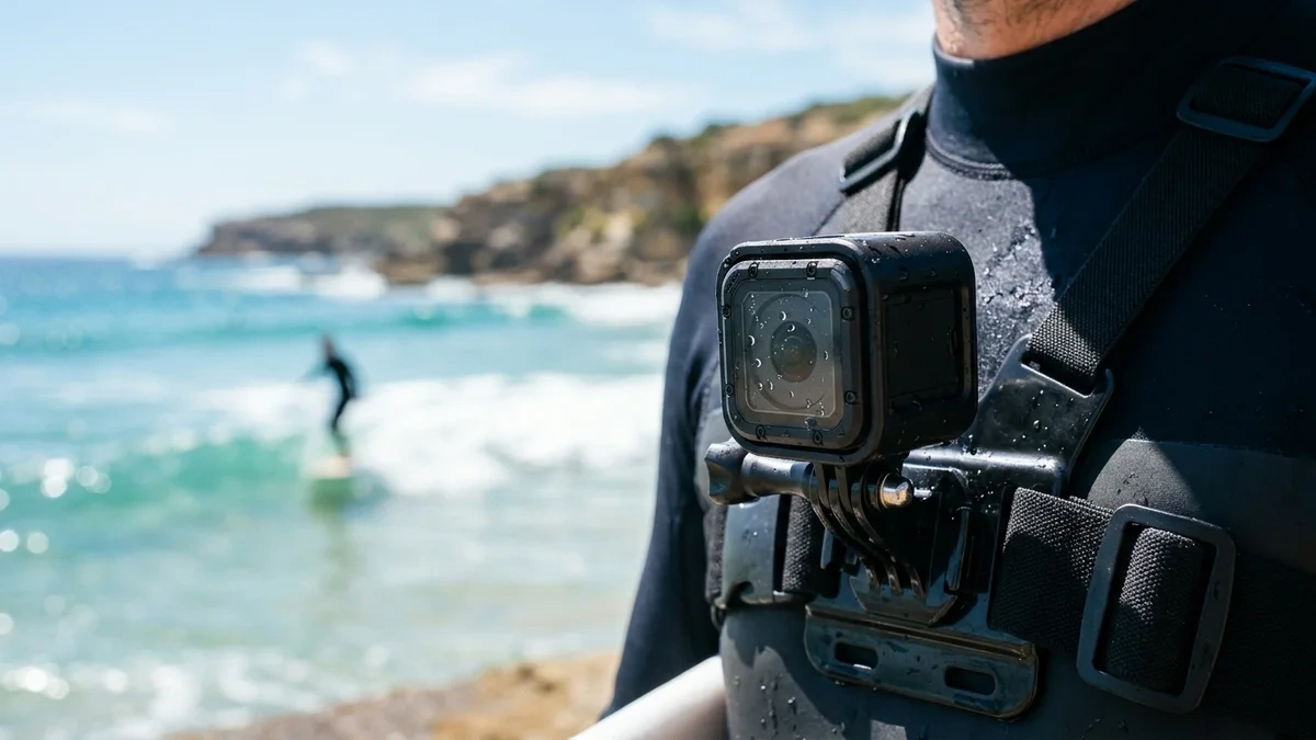 A small action camera on a chest mount worn by a surfer in a wetsuit, with a blurred surfer on the waves and a rocky headland behind
