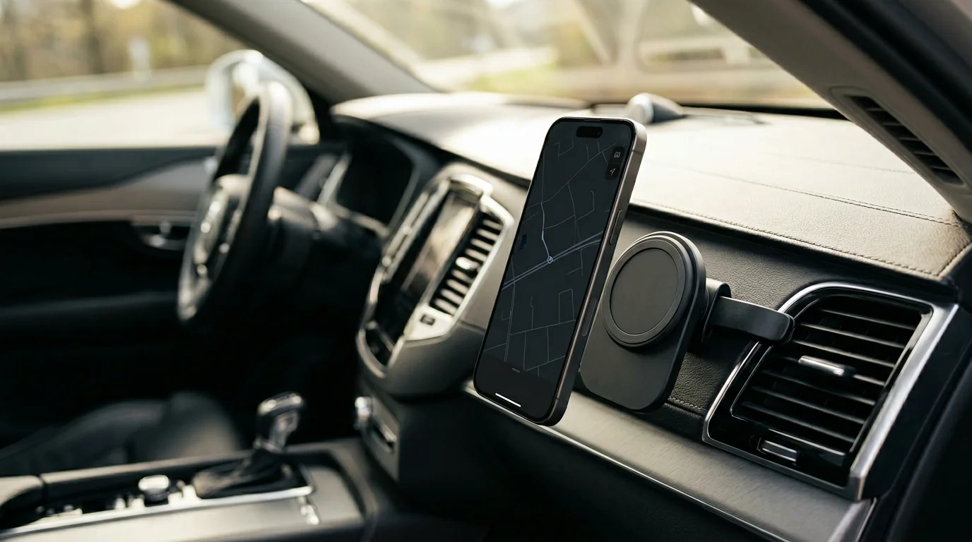 Car interior with a black phone showing a map on a magnetic mount clipped to the dashboard air vent, steering wheel and gear shifter blurred behind