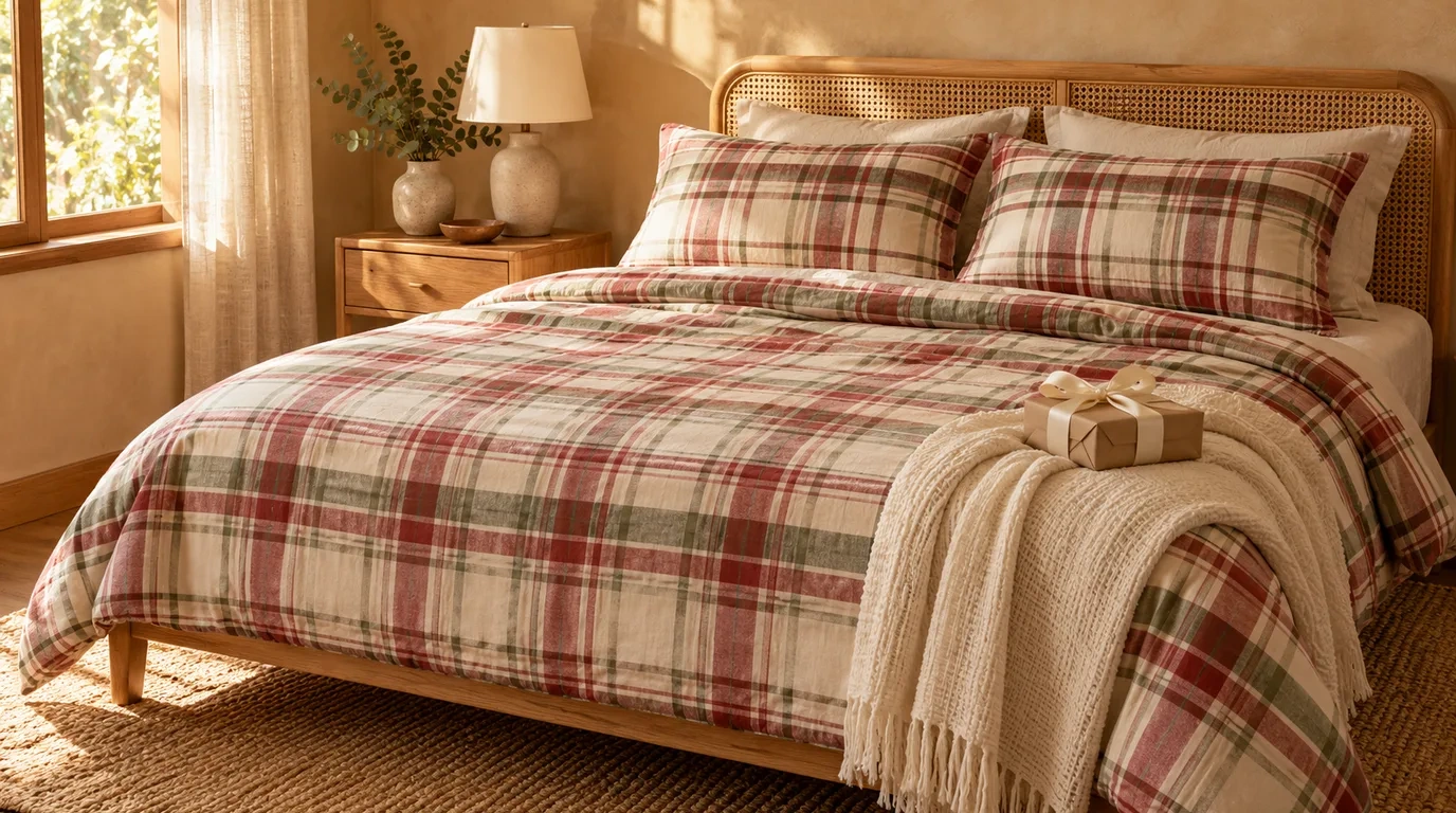 A neatly made double bed in a red and green plaid Christmas quilt cover set with a small wrapped gift and a folded throw at the foot, a bedside lamp and eucalyptus in morning light