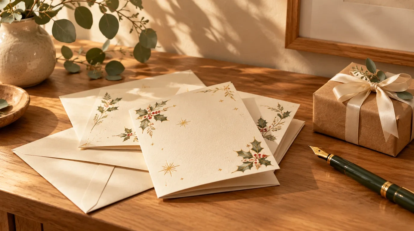A small stack of blank folded Christmas cards with gold foil stars and holly, cream envelopes and a fountain pen on a timber desk beside a sprig of eucalyptus