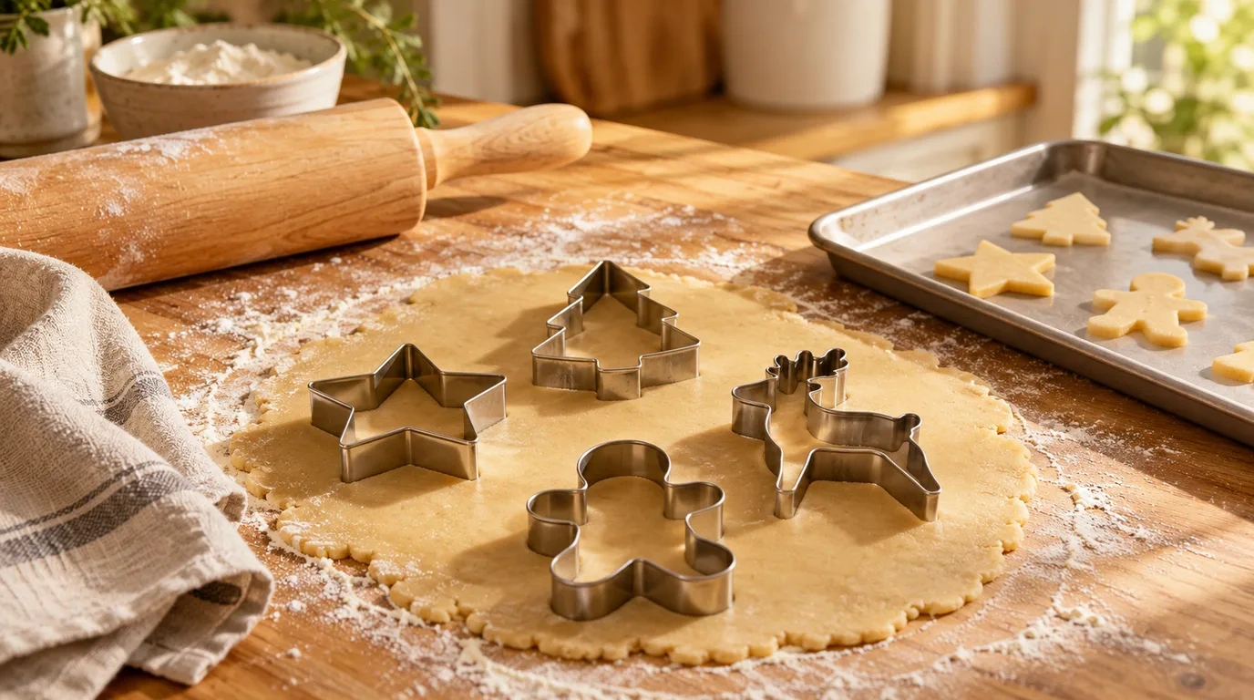 Stainless steel Christmas cookie cutters in star, tree, reindeer and gingerbread man shapes on rolled out dough on a floured timber bench with cut shapes on a baking tray