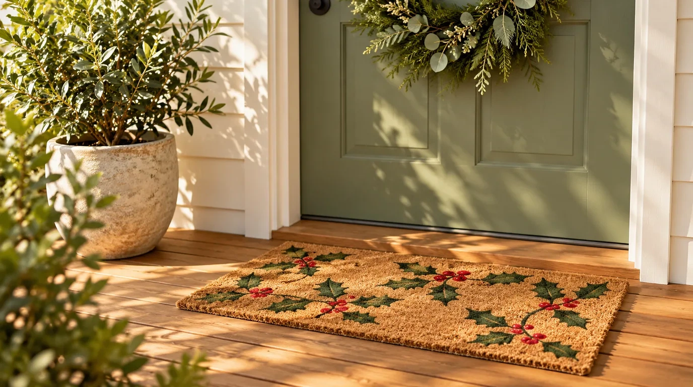 A natural coir door mat with a simple holly pattern in front of a painted front door with a green wreath and a potted plant on a timber porch