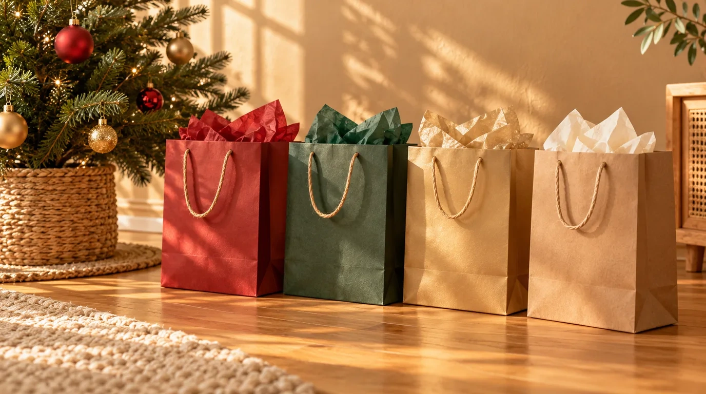 A row of red, green, gold and kraft Christmas gift bags with tissue paper beside a small decorated tree on a timber floor