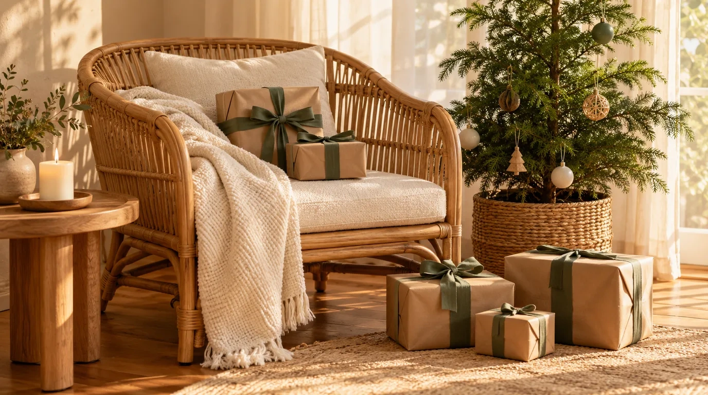 A cluster of wrapped Christmas presents in kraft paper and green ribbon on a rattan armchair, with a small decorated native pine tree, a candle and a folded throw nearby in warm afternoon light