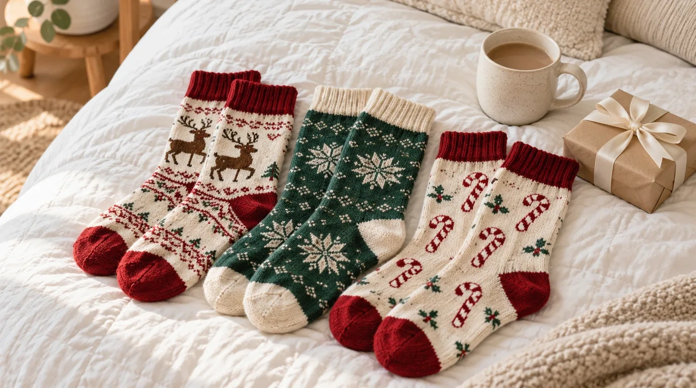Three pairs of knitted Christmas socks with reindeer, snowflake and candy cane patterns laid side by side on a white quilt cover, with a mug of tea and a small wrapped gift beside them