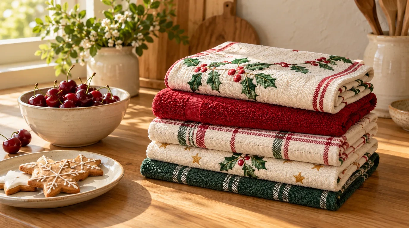Folded Christmas tea towels and hand towels in holly, star and plaid patterns stacked on a timber kitchen bench beside a bowl of cherries and a gingerbread biscuit plate