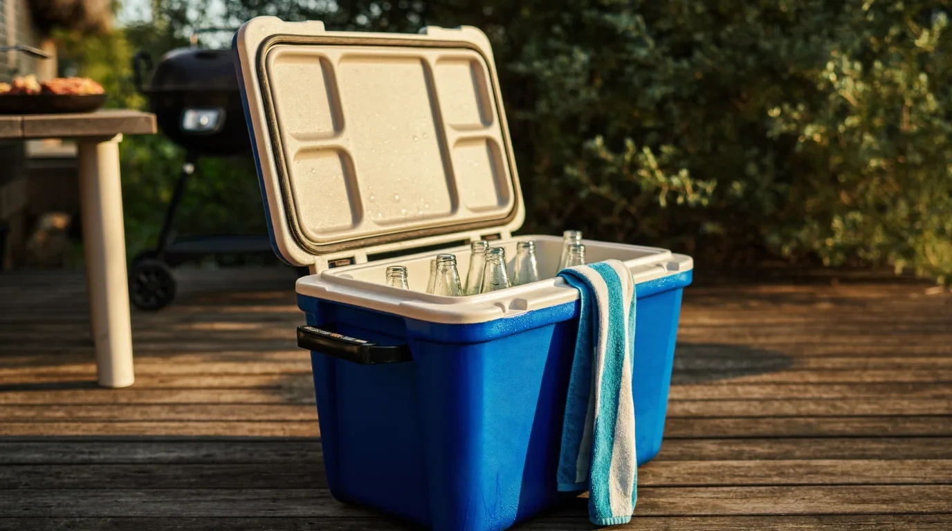 A blue hard cooler with its lid open and glass bottles inside, a striped towel over the rim, on a timber deck beside a barbecue