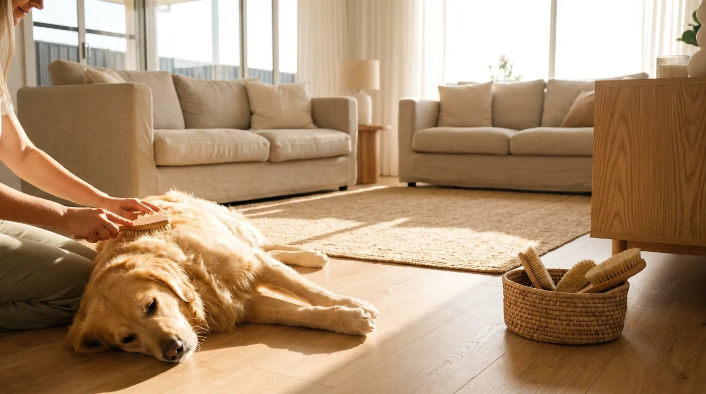 A woman kneeling on a timber floor in a bright lounge room brushes a golden retriever lying in a patch of sun, with a woven basket of wooden brushes beside them