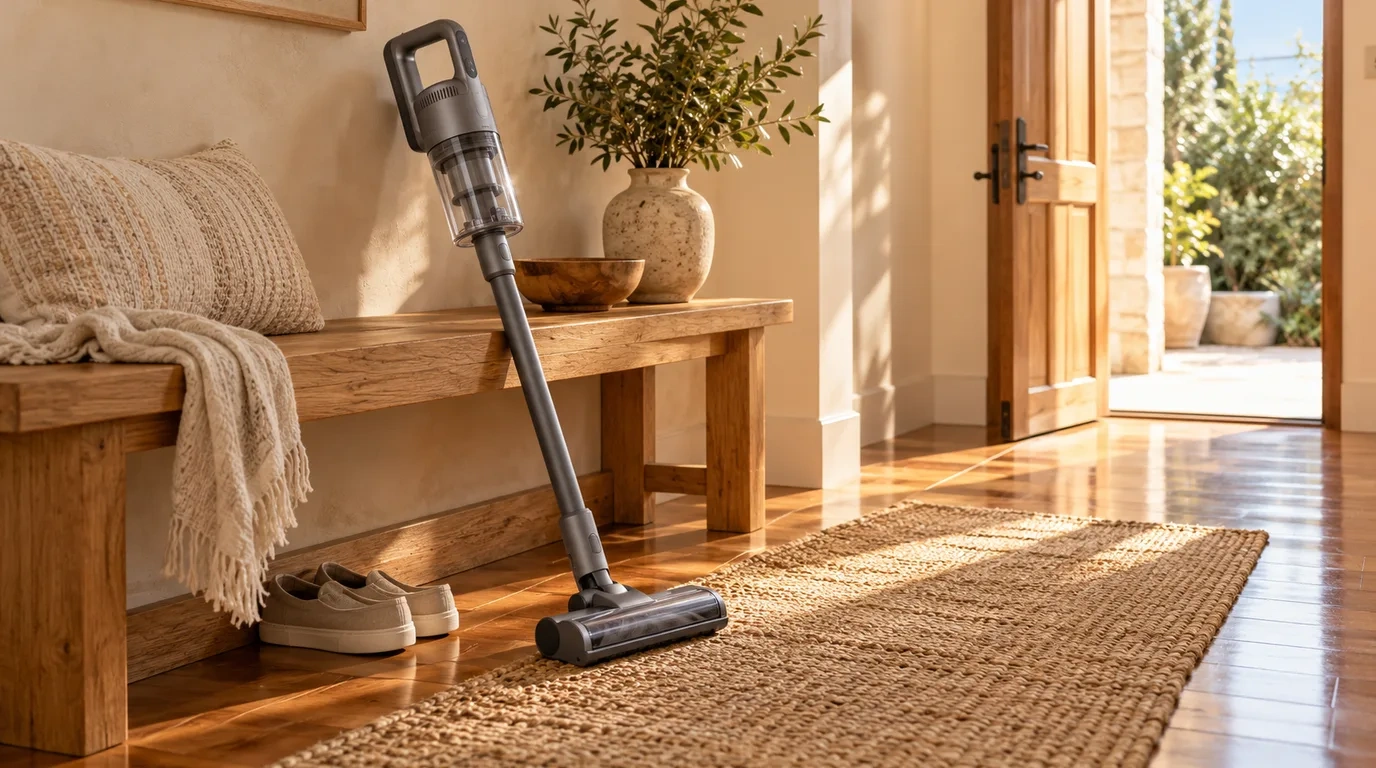 A slim grey cordless vacuum with a clear dust bin leaning against a timber hallway bench, with a woven runner rug on a polished timber floor and a pair of shoes under the bench