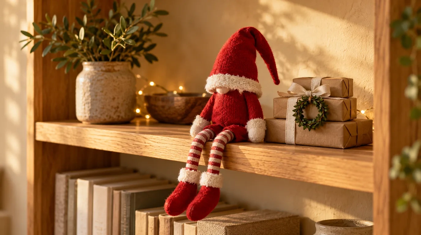 A small plush Christmas elf doll in a red and white outfit on a timber bookshelf beside a tiny stack of wrapped gifts and a mini wreath with fairy lights behind