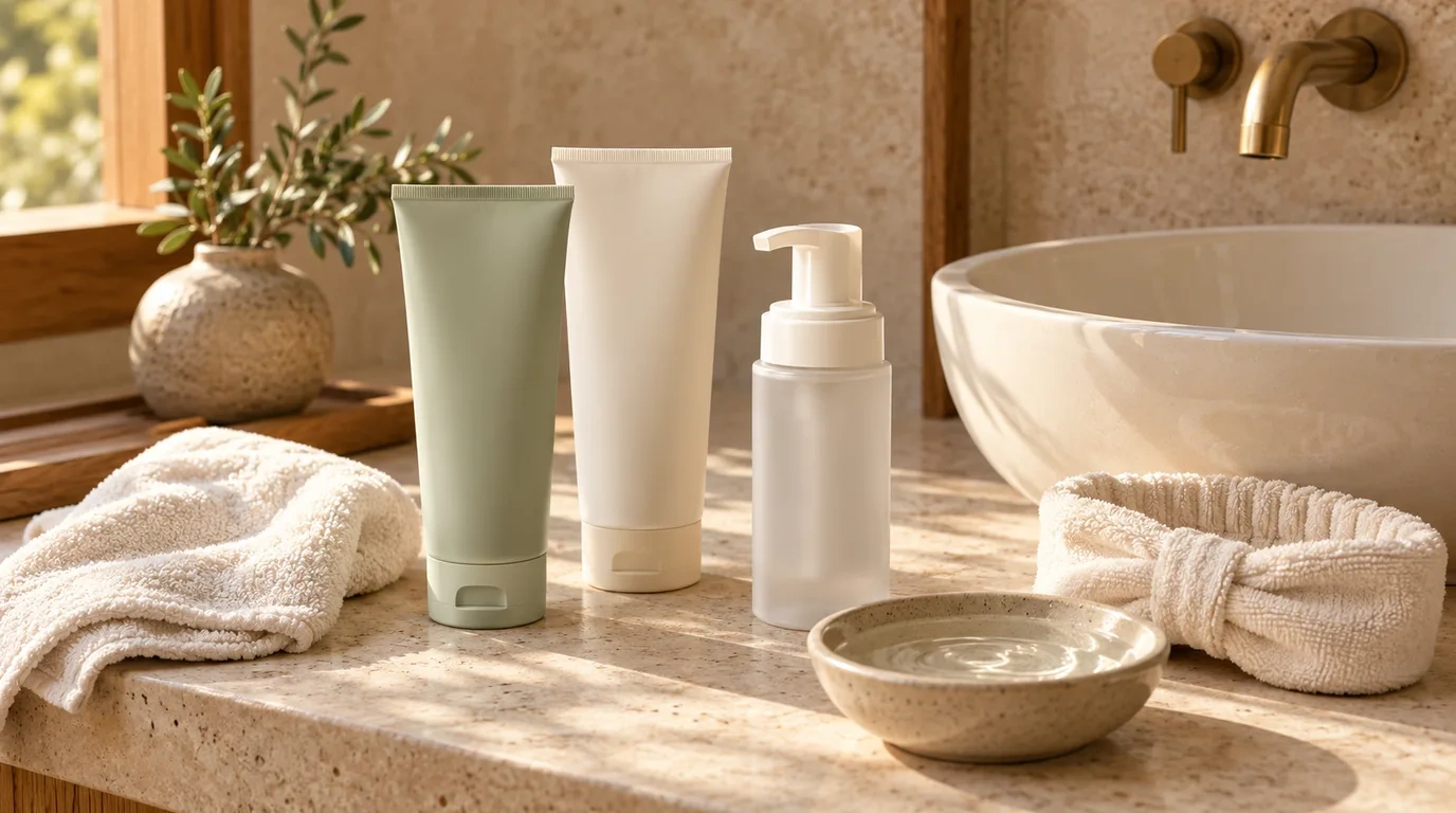 A sage green tube, a white tube and a frosted foaming pump bottle on a speckled stone bathroom vanity beside a round basin, a folded white towel, a terry headband and a small bowl of water