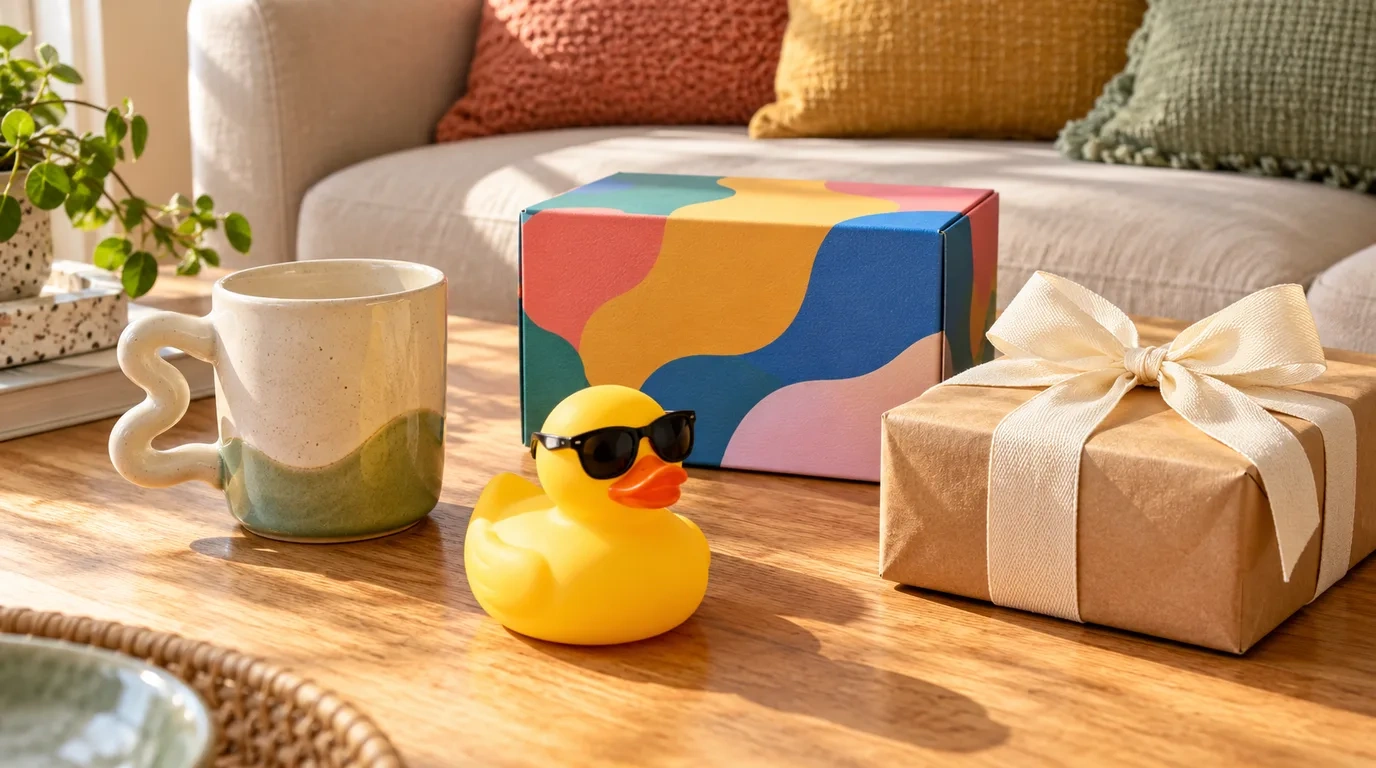 A playful still life of novelty gifts on a timber coffee table: a quirky mug, a rubber duck wearing sunglasses, a bright party game box and a wrapped present with a big bow, with colourful cushions behind