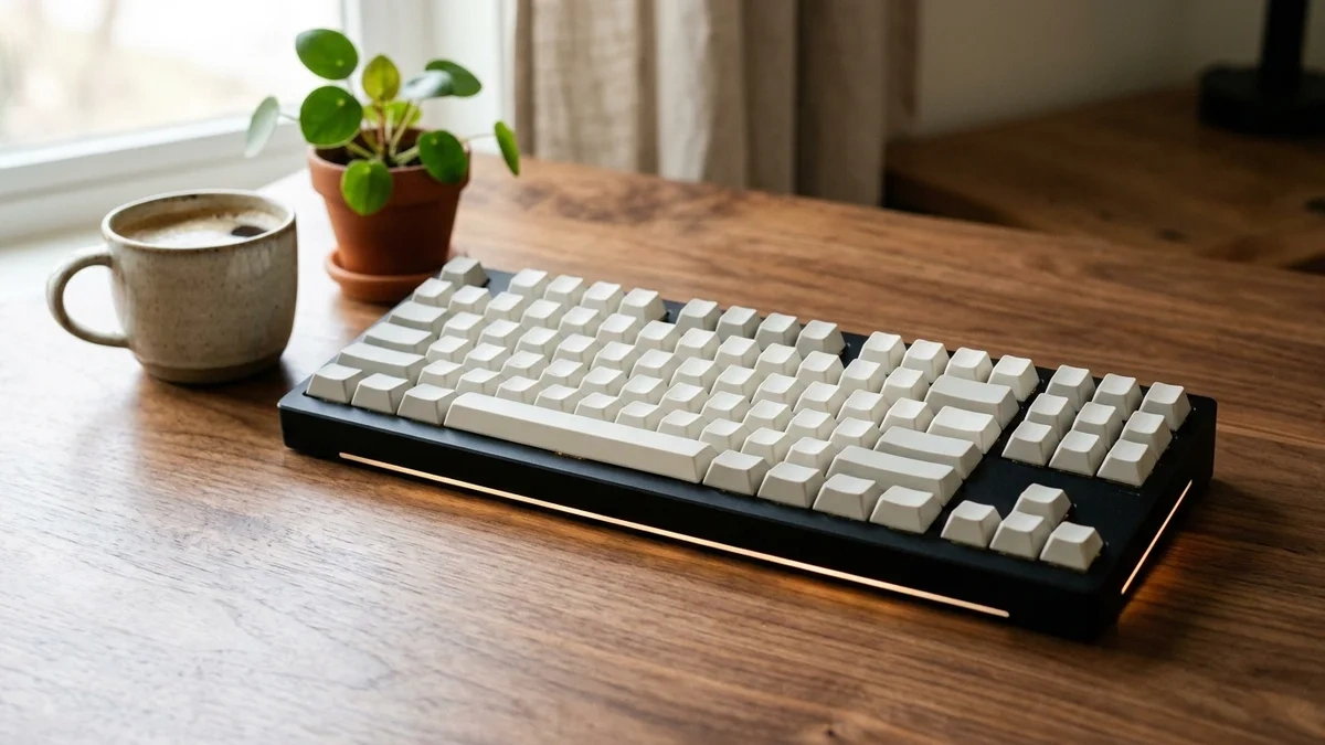 A black keyboard with cream keycaps and a thin glowing edge on a timber desk, beside a coffee mug and a potted plant by a window