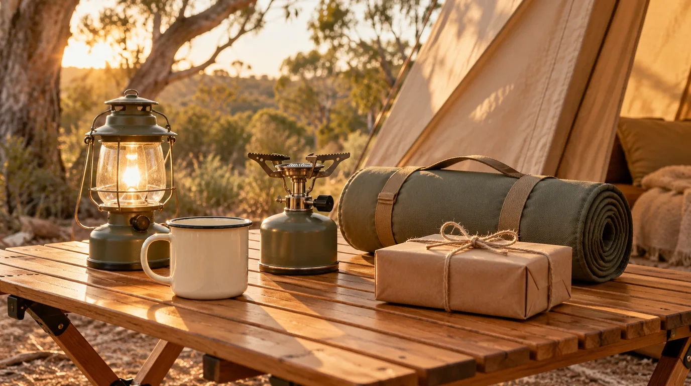 A lantern, an enamel mug, a compact stove and a rolled sleeping mat on a timber table outside a canvas tent, with a wrapped gift and gum trees behind in late afternoon light