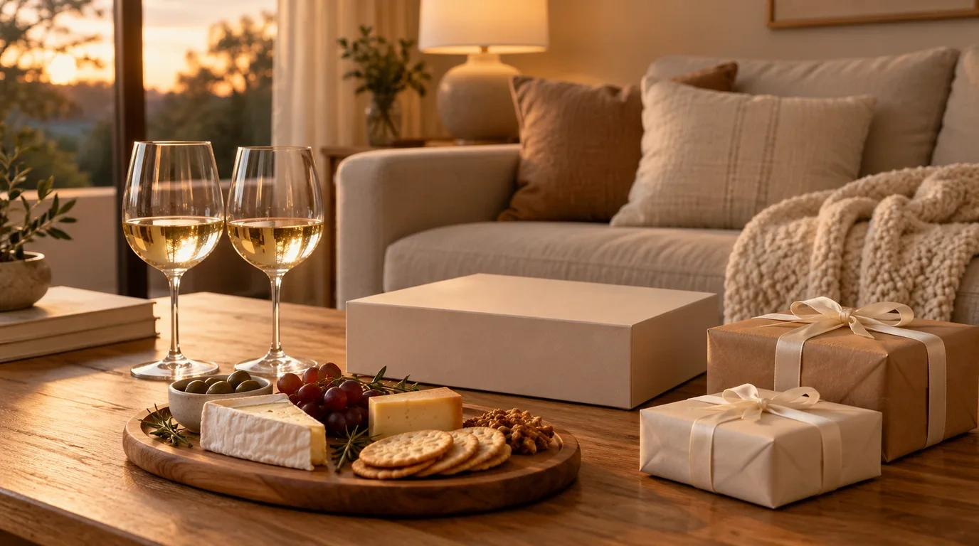 Two wine glasses, a plain board game box, a cheese board and two wrapped gifts on a timber coffee table in a warm lounge room, with a throw on the sofa and soft lamp light