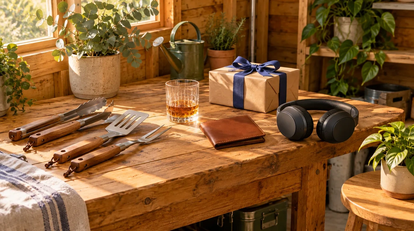 A tidy timber workbench with a leather wallet, grill tools, a whisky tumbler, headphones and a wrapped gift with a navy ribbon in warm afternoon light