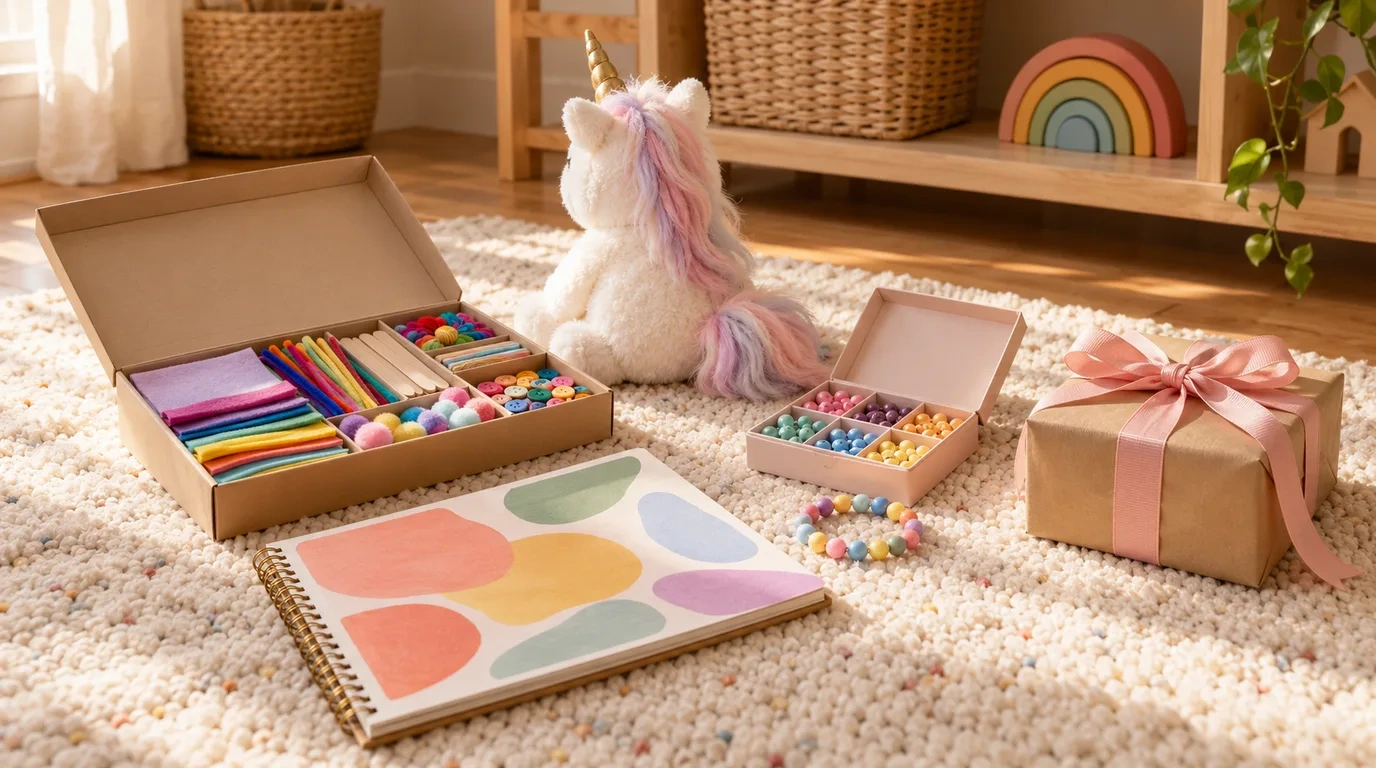 A craft kit, a plush unicorn toy, a bead bracelet set, a drawing pad and a wrapped present with a pink bow on a soft rug in a bright playroom corner