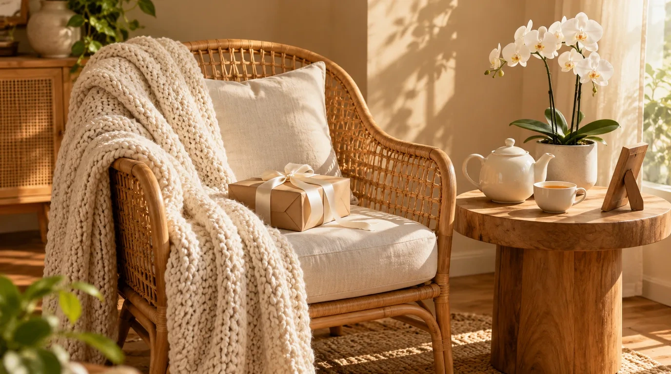 A cosy reading corner with a knitted throw over a rattan armchair, a pot of tea and a cup on a side table, a timber photo frame, a potted orchid and a wrapped gift tied with a satin ribbon in soft morning light