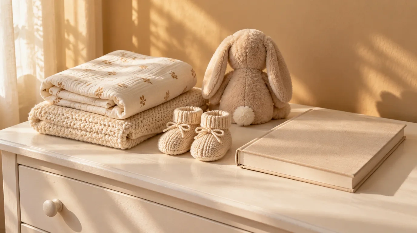 A folded muslin swaddle, knitted blanket, plush bunny, tiny booties and a baby memory book on a white timber dresser in gentle morning light