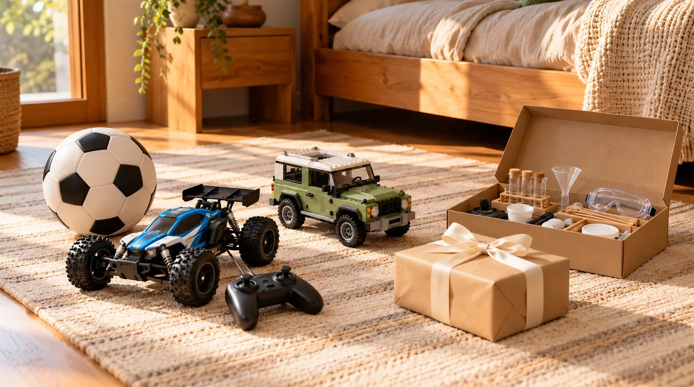 A soccer ball, a blue remote control buggy with its controller, a green LEGO four wheel drive, an open science kit and a wrapped gift on a striped rug beside a timber bed