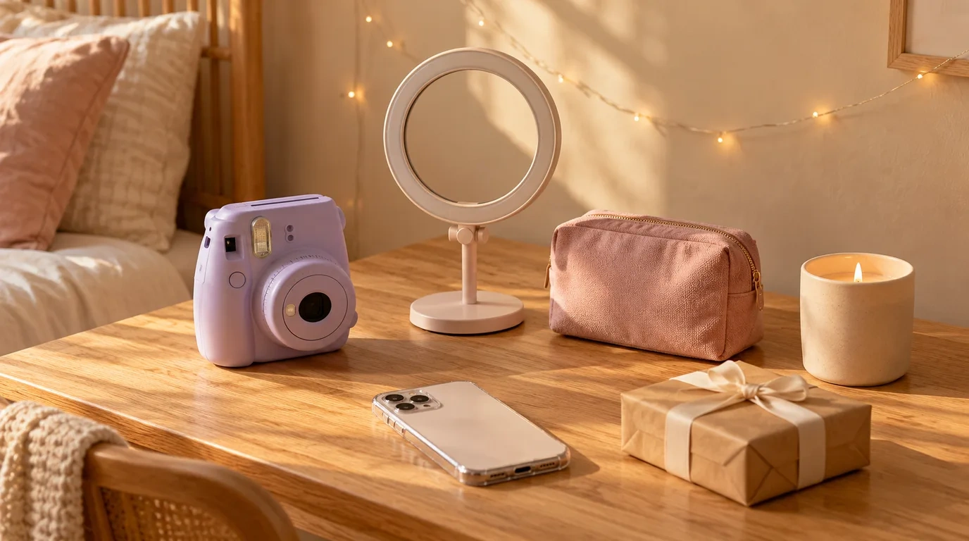 A pastel instant camera, ring light, small makeup bag, scented candle and wrapped gift on a bright bedroom desk with fairy lights behind