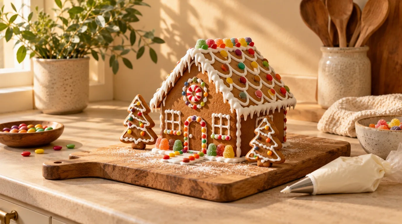 A freshly decorated gingerbread house with white icing roof lines and colourful lollies on a timber board beside small gingerbread trees and a piping bag