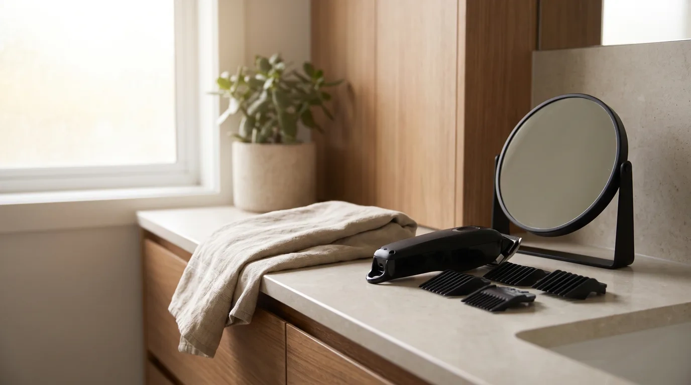 A bathroom vanity with a black hair clipper and three guide combs beside a round mirror, a folded linen towel and a potted plant by a bright window