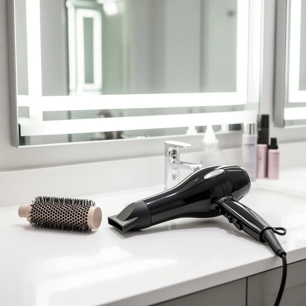 A black hair dryer and a round bristle brush lying on a white bathroom vanity in front of a lit mirror, with small hair care bottles at the back