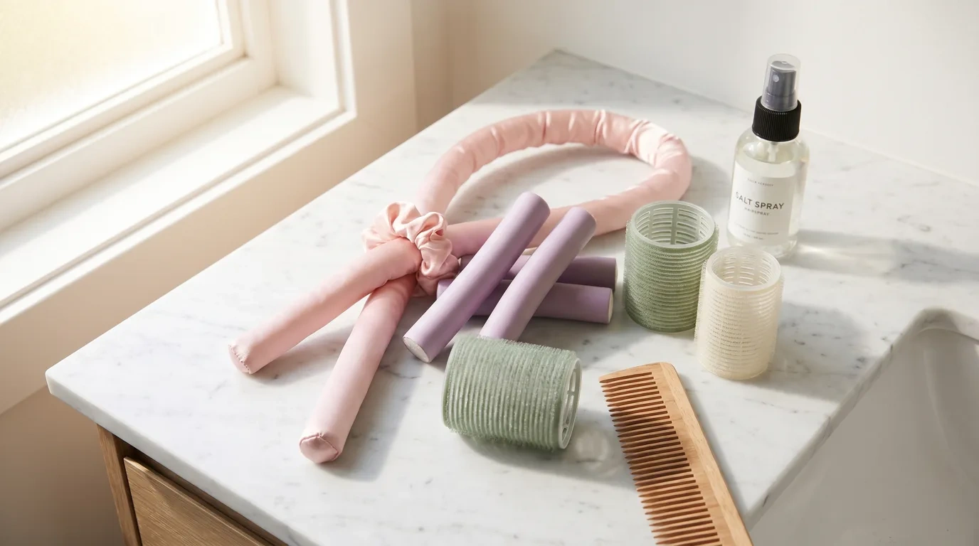 A pink fabric covered curling band tied with a pink scrunchie on a white marble vanity beside lilac and sage green rollers, a wooden comb and a salt spray bottle, in soft window light