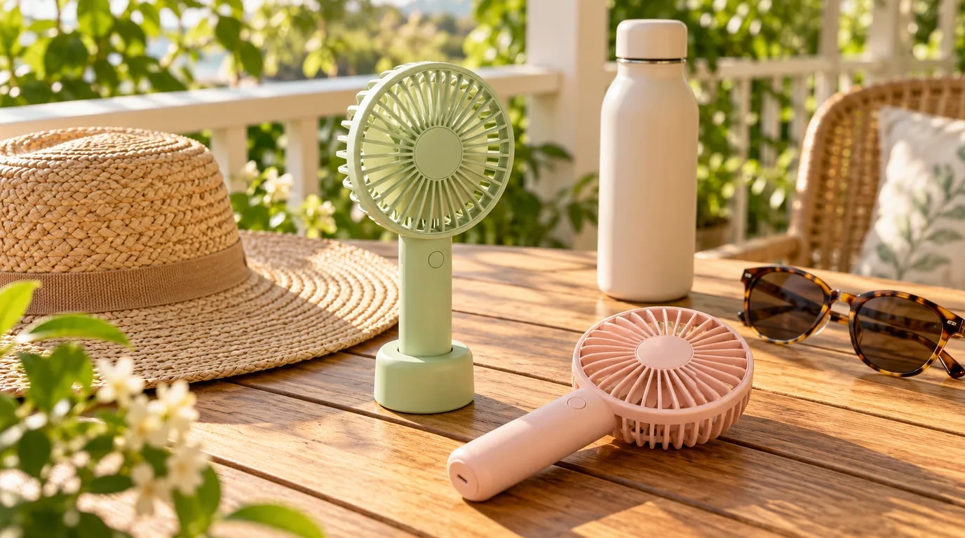 Two small pastel handheld fans on a timber verandah table beside a sun hat, a water bottle and sunglasses