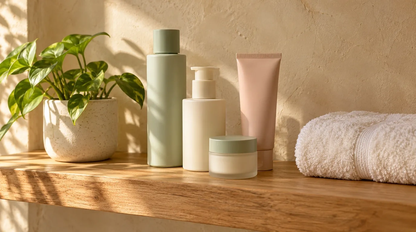 A minimal bathroom shelf with plain unlabelled skincare bottles, tubes and a small jar in soft white and pastel tones beside a folded white towel and a small green plant in gentle morning light