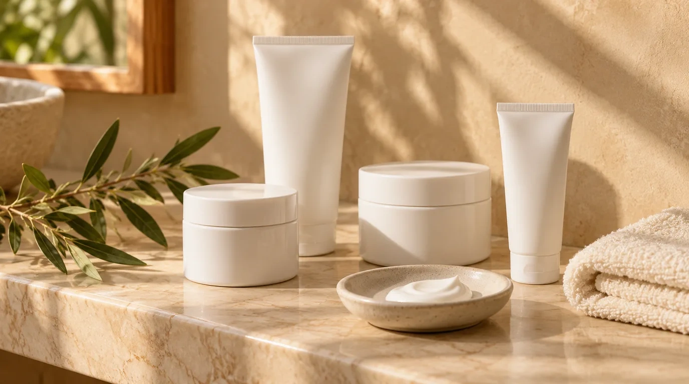 Plain white tubes and jars of face moisturiser on a marble bathroom shelf beside a small dish with a swirl of cream, a sprig of green leaves and a folded cream towel in soft morning light