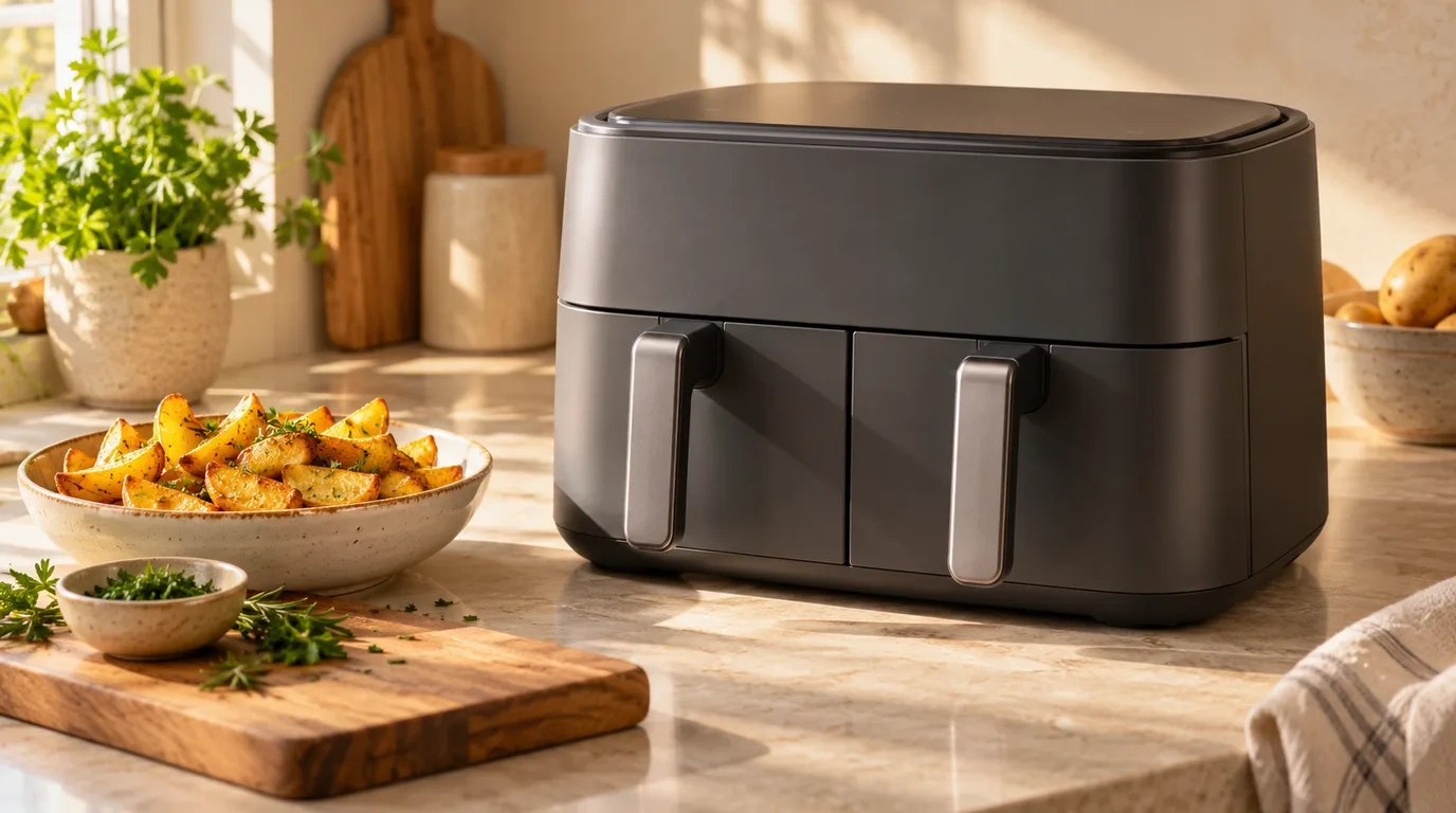 A dark grey air fryer with two drawers and two handles on a pale stone kitchen bench, beside a bowl of golden potato wedges, fresh herbs and a timber chopping board