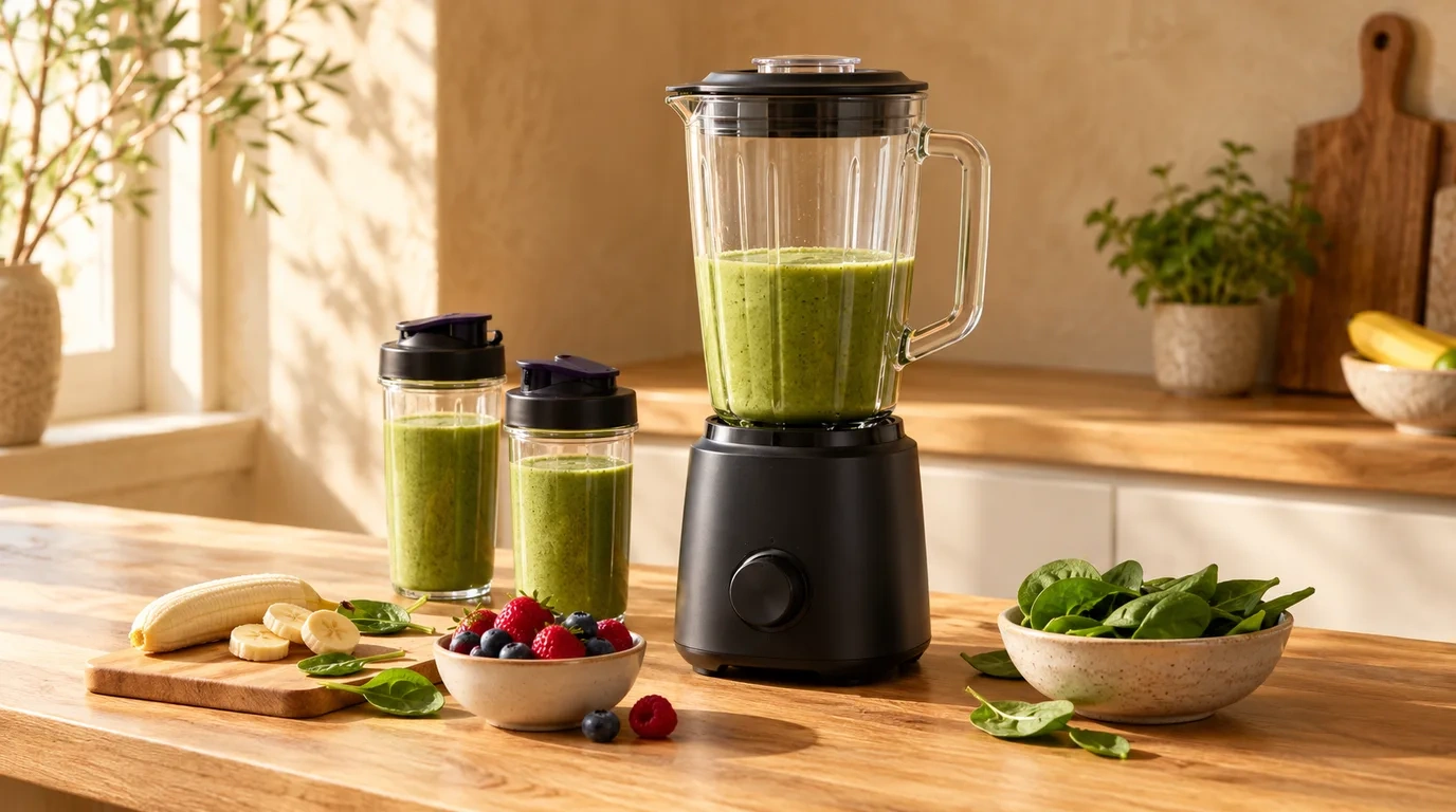 A black based blender with a tall clear jug of green smoothie on a timber kitchen bench, two take away cups of smoothie beside it, with sliced banana, a bowl of berries and a bowl of spinach leaves