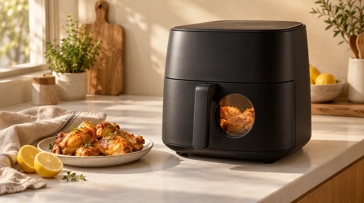A matte black single drawer air fryer with a round viewing window on a pale kitchen bench, beside a plate of crisp chicken pieces, a halved lemon and a linen tea towel