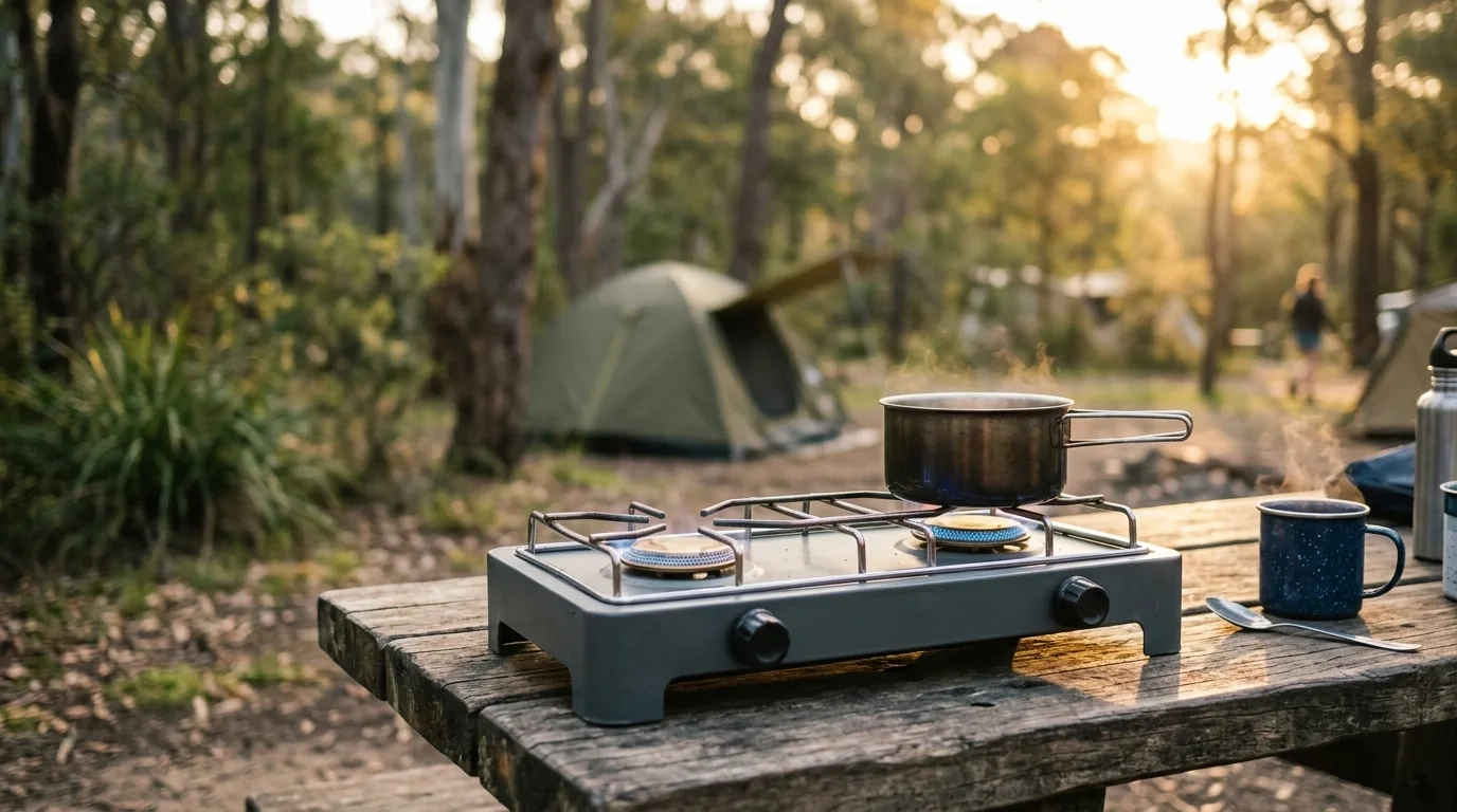 A two burner gas camp stove with a pot on a weathered timber picnic table, with a green dome tent and gum trees behind in low evening sun