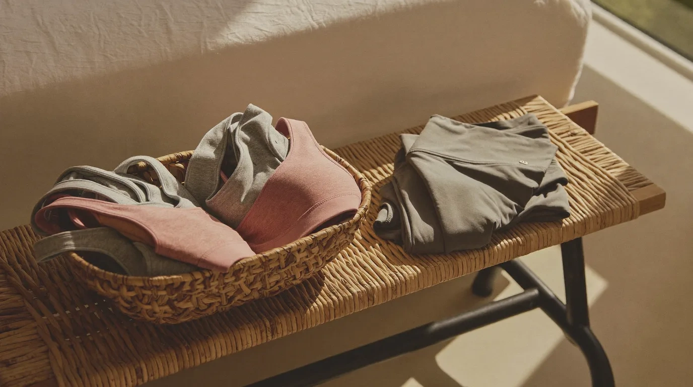 Pink and grey fitted bra tops piled in a woven basket on a woven bench beside a folded grey top and a bed in warm sunlight