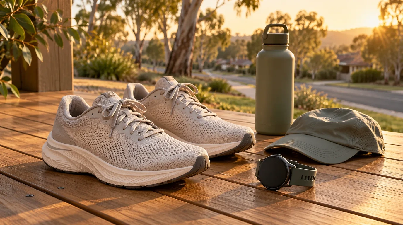 A pair of beige mesh running shoes on a timber deck at sunrise, beside a green drink bottle, an olive green cap and a black sports watch, with gum trees and a quiet street behind