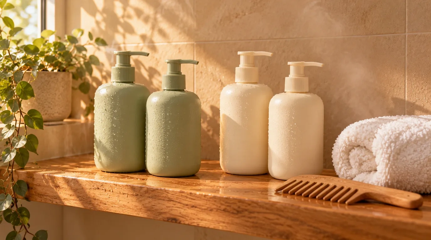 Two sage green and two cream pump bottles beaded with water on a timber shower shelf, beside a trailing plant, a rolled white towel and a wooden wide tooth comb in warm steamy light