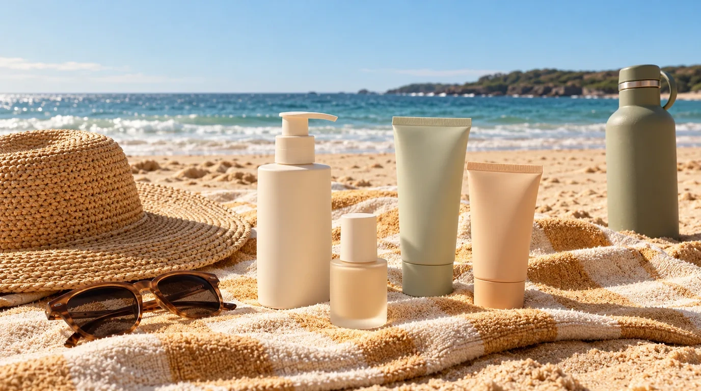 A sage green tube, a peach tube, a cream pump bottle and a small frosted bottle on a checked beach towel on sand, with a straw hat, tortoiseshell sunglasses and a green water bottle beside the sea