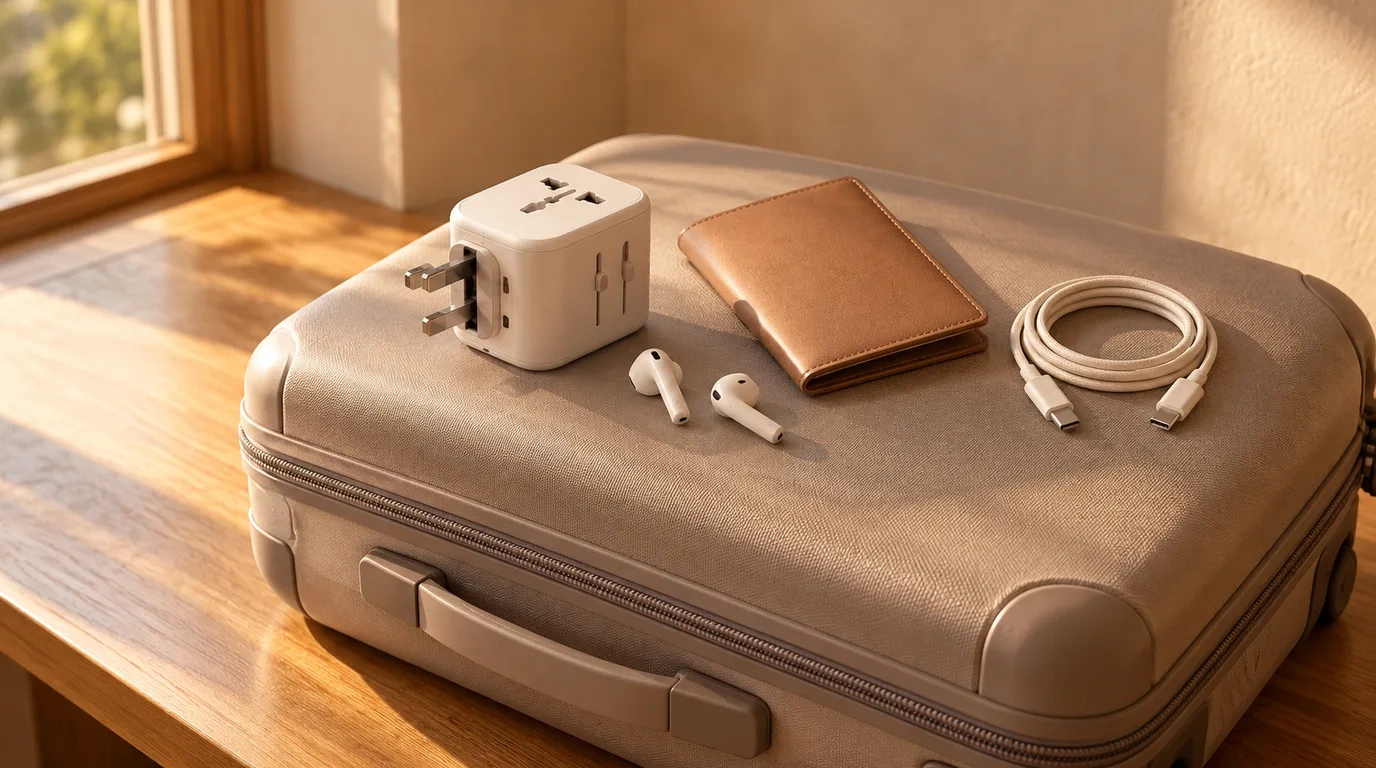 A compact travel adapter with fold out pins beside a passport cover, a coiled charging cable and earbuds on a small carry on suitcase